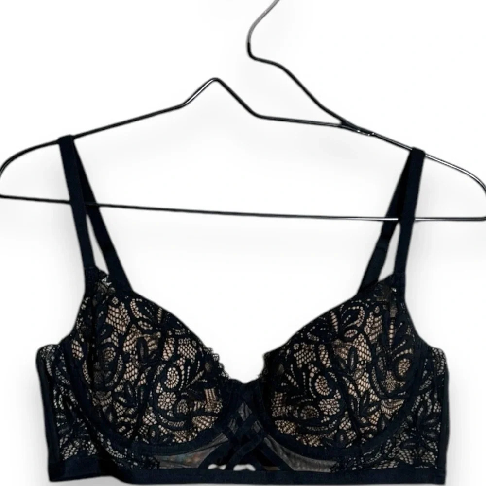 Adore Me NWOT Diara Contour Sexy Lace Black and Nude Underwire 36D Balconette - Picture 2 of 15